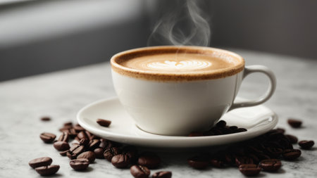 Cup of coffee with latte art on table, closeupの素材