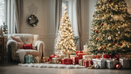 Beautiful living room with Christmas tree and presents. Christmas background.の素材