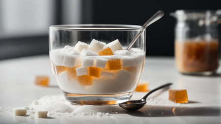 Sugar cubes in glass bowl with spoon on grey table, closeupの素材