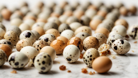 Quail eggs on a white marble background. Close-up.の素材