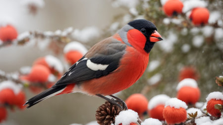 Bullfinch (Pyrrhula pyrrhula) on a branch covered with snowの素材