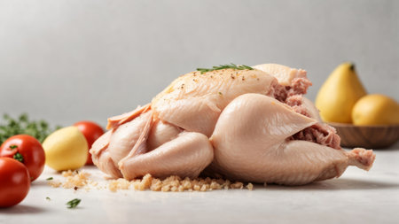 Raw chicken with spices on light table, closeup. Organic foodの素材
