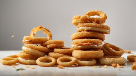 Fried onion rings on a white wooden table. Selective focus.の素材