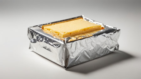 Cheddar cheese in aluminum foil on a white background with copy spaceの素材