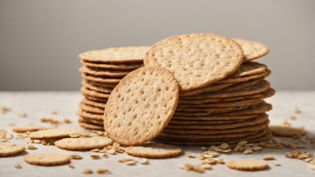 Stack of tasty crispbread on table, closeup. Space for textの素材