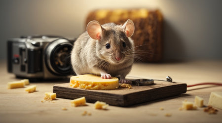 Gray rat with cheese and a camera on a wooden table in the studioの素材