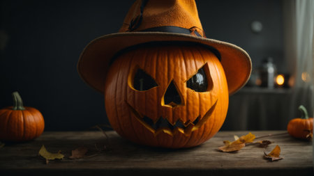 Halloween pumpkin head jack o lantern with witch hat on dark backgroundの素材