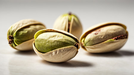 Pistachio nuts on a white background. Shallow dof.の素材