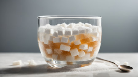 Glass bowl with sugar cubes and spoon on grey background, closeupの素材