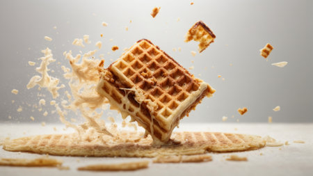 Flying wafers with splashes of milk on a light backgroundの素材