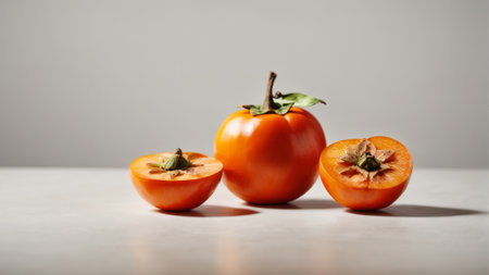 Ripe persimmon fruit on a white table with copy spaceの素材