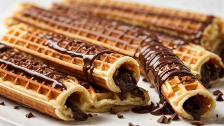 waffles with chocolate, close-up, horizontal, top viewの素材