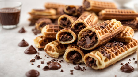 Belgian waffles with chocolate and cocoa powder on a white backgroundの素材