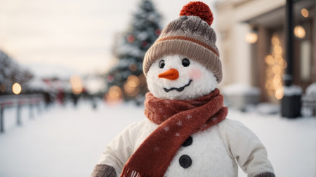 Cute snowman in hat, scarf and mittens walking on snowy streetの素材