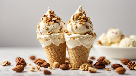 Vanilla ice cream in waffle cones with nuts on white backgroundの素材