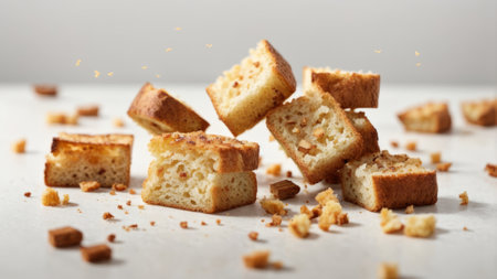 Pieces of croutons falling into the air on a white backgroundの素材