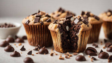 Chocolate muffins with pieces of chocolate and nuts on a light backgroundの素材