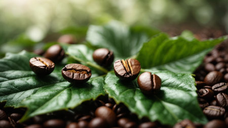 Coffee beans with green leaves on blurred background, closeupの素材