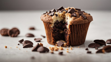 Chocolate muffin with chocolate chips on white background, selective focusの素材