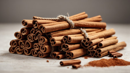 Cinnamon sticks and cinnamon powder on white wooden table. Selective focus.の素材