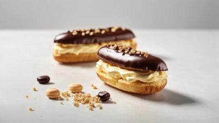 Chocolate eclairs with cream on white table, closeupの素材
