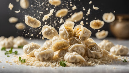 Falling dumplings with meat on a white wooden background.の素材