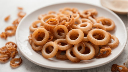 Fried squid rings on white plate, closeup. Delicious snackの素材