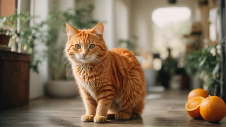 Cute ginger cat sitting on floor and looking at camera in roomの素材