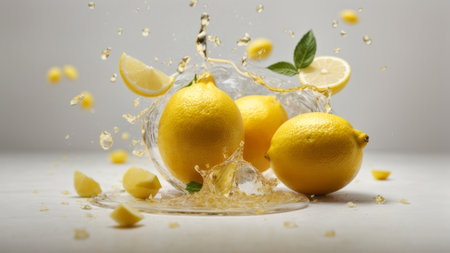 Fresh lemons falling into water with splashes on white wooden tableの素材
