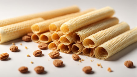 Crispy wafer rolls with nuts on white background, closeupの素材