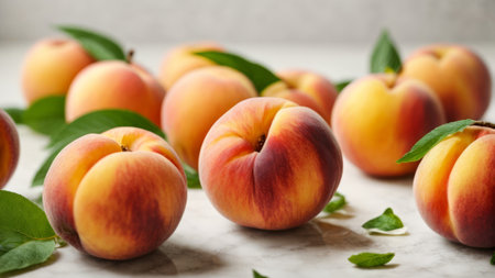 Fresh ripe peaches with green leavesle table, closeupの素材