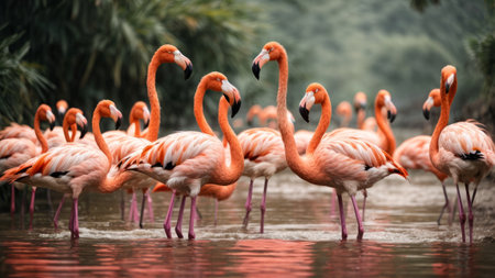 Group of pink flamingos standing in the water in a zoo.の素材