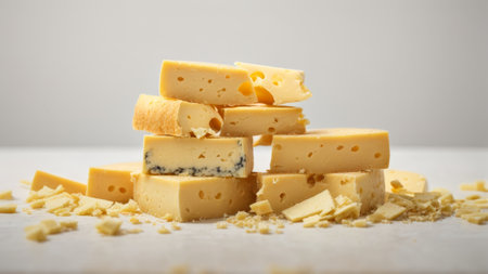 Pieces of cheese on a white background. Selective focus.の素材