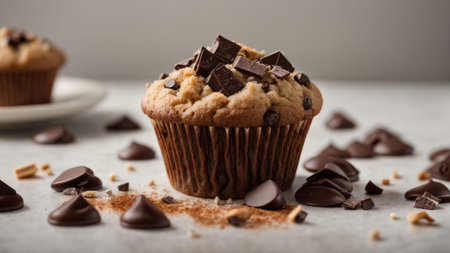 Chocolate muffins with chocolate chips and pieces of chocolate on a light backgroundの素材