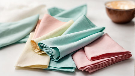 Colorful towels on white table, closeup. Textile backgroundの素材