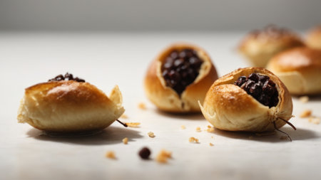 baked buns with raisins on a white wooden tableの素材