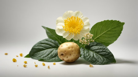 Potato and flowers on a white background with space for text.の素材