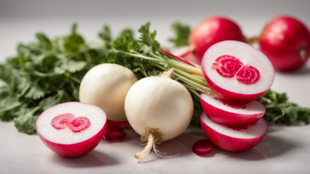 Radish and parsley on a white background. Shallow depth of fieldの素材