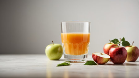Glass of fresh apple juice with apples and green leaves on white tableの素材