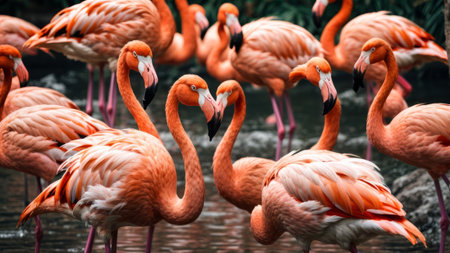 Group of flamingos in the zoo. Beautiful pink flamingo.の素材