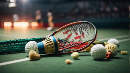 Badminton racket and shuttlecocks on green badminton courtの素材
