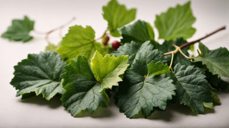 Green leaves of currant on a white background, close-upの素材
