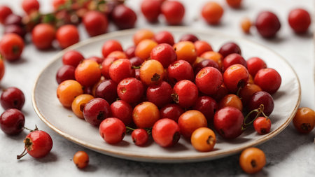 Fresh red and orange cranberries in a plate on a marble backgroundの素材