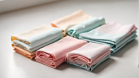 Stack of colorful cotton towels on white background. Selective focus.の素材