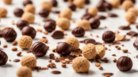 chocolate candies with nuts and chocolate balls on a white backgroundの素材