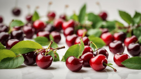 Fresh cherries with green leaves on white marble table, closeupの素材