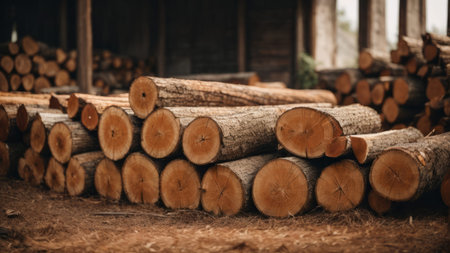 Pile of cut tree trunks. Stack of chopped firewoodの素材