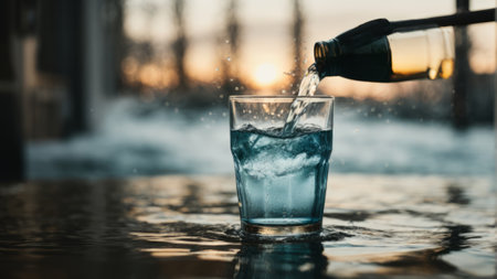 Pouring water into a glass with ice cubes on the background of sunsetの素材