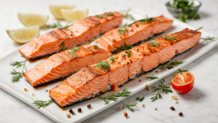 Grilled salmon fillets with spices on white plate, closeupの素材