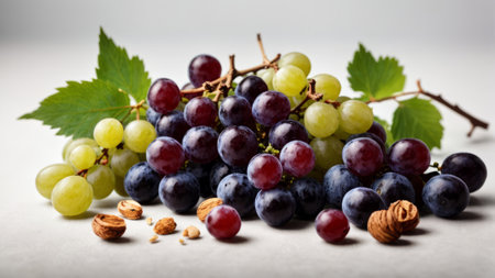 Grapes with leaves and walnuts on a light background.の素材